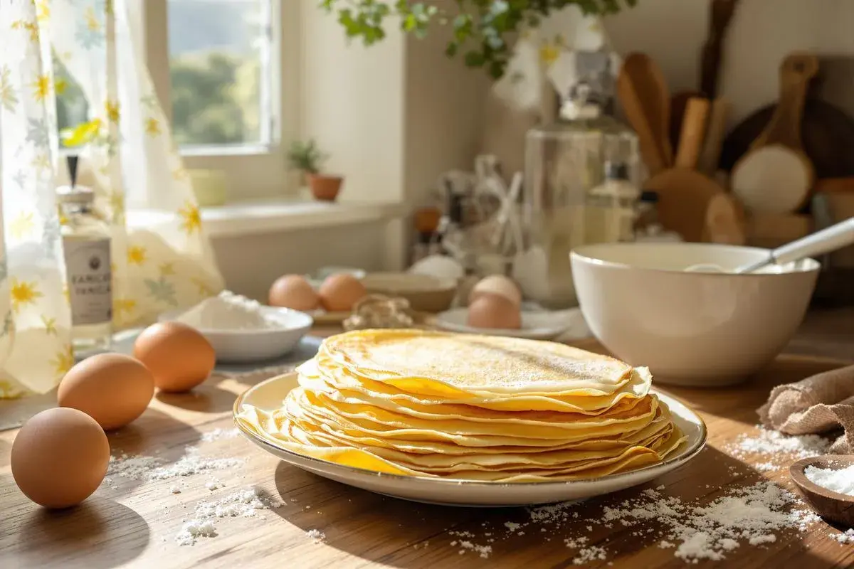 Pile de crêpes dorées saupoudrées de sucre, avec des œufs et de la farine sur une table en bois.