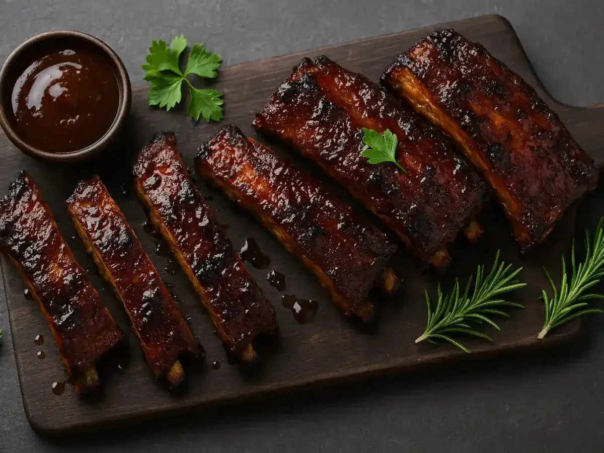 Travers de porc caramélisés, brillants et appétissants, accompagnés d'une sauce barbecue et de romarin frais. Un délice pour les amateurs de viande.