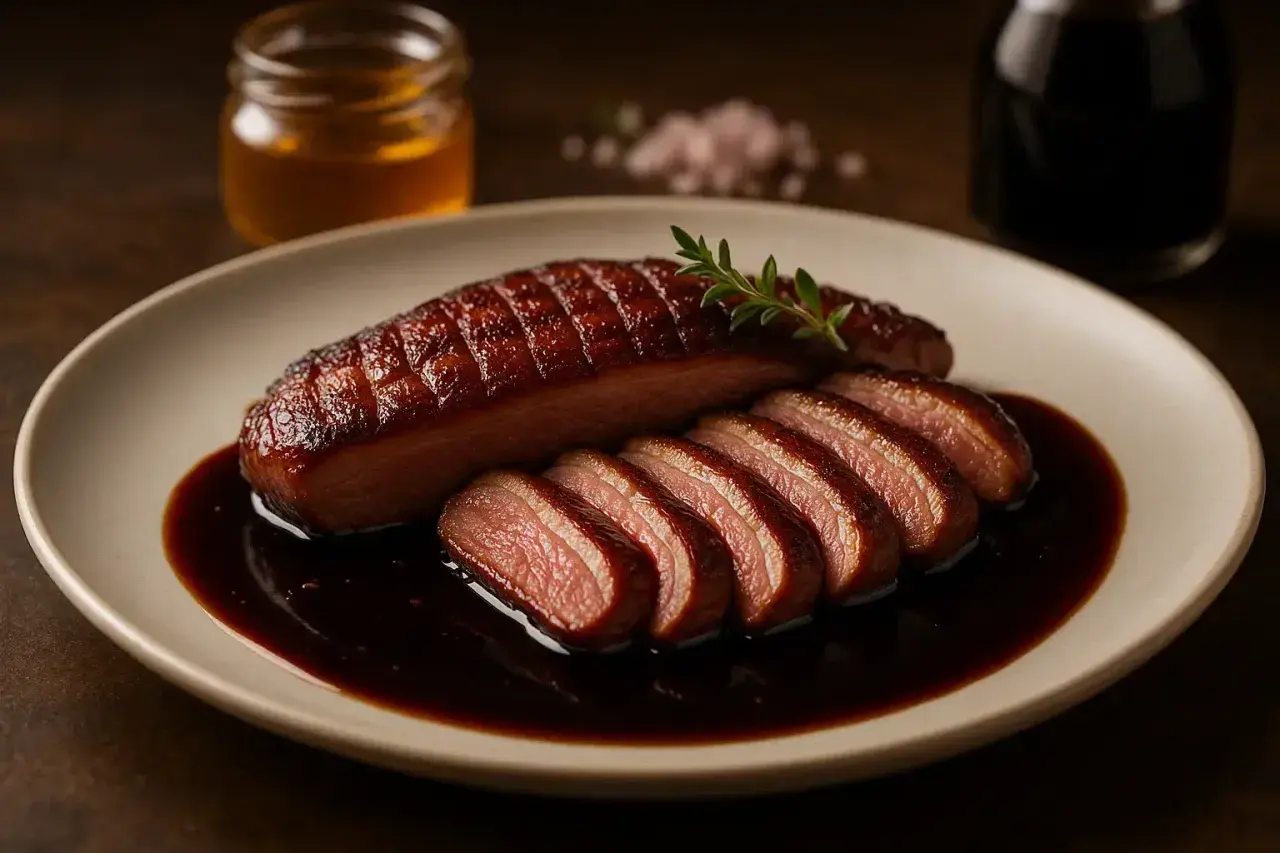 Magret de canard tranché, nappé d'une sauce riche et sombre. Un délice pour accompagner votre plat.