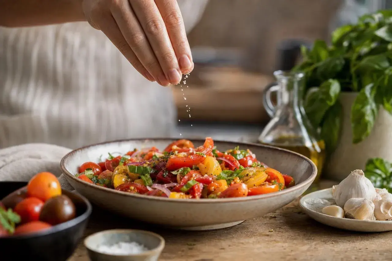 Une main sale du sel sur une salade de tomates colorée, garnie de basilic frais et d'oignons rouges.