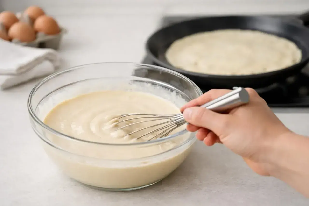 Préparation de la pâte à crêpe dans un bol en verre, avec une crêpe en cuisson dans une poêle au fond.