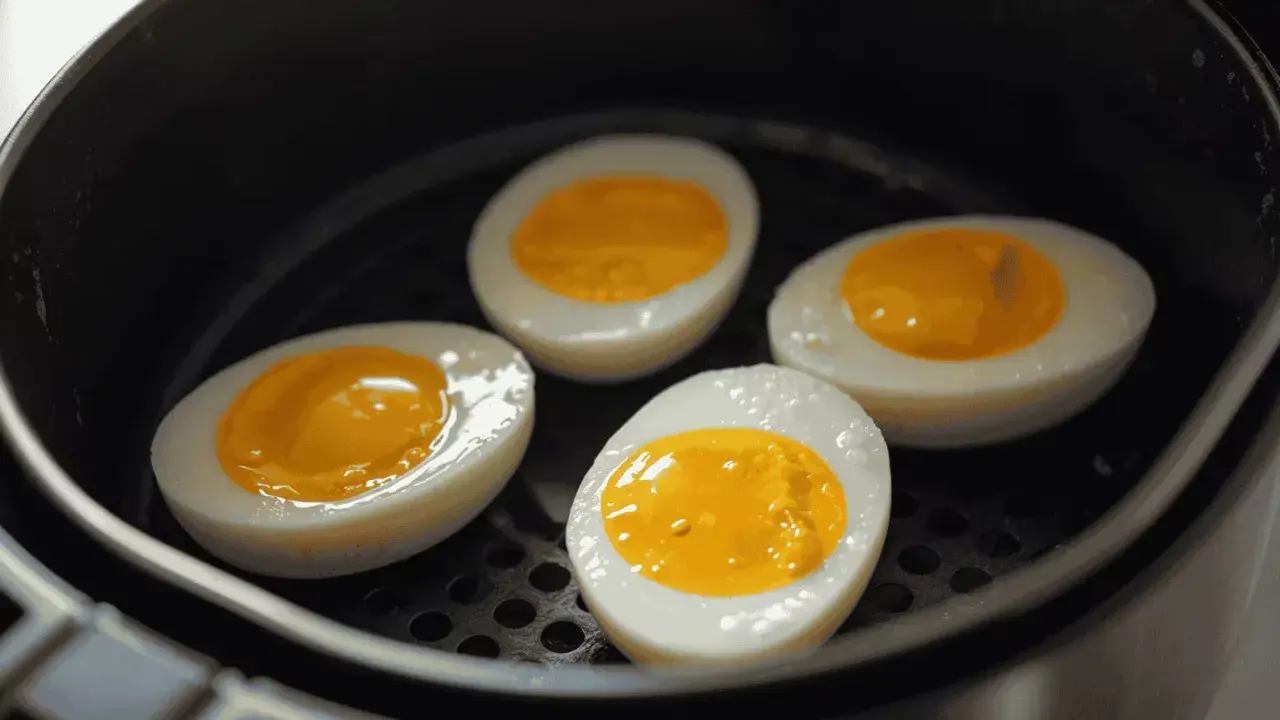 Quatre moitiés d'oeuf dur, avec un jaune coulant, sont disposées dans un airfryer.