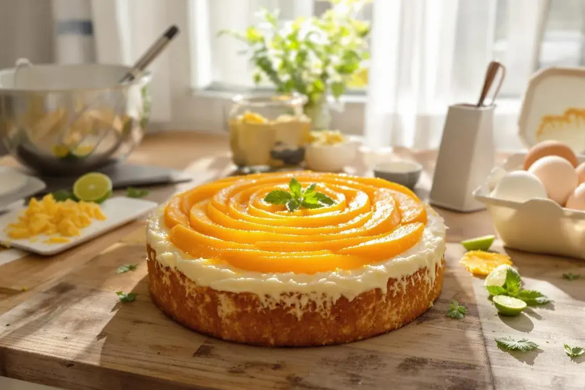 Un délicieux gâteau sans farine, orné de fines tranches de pêche disposées en spirale et d'une touche de menthe fraîche.