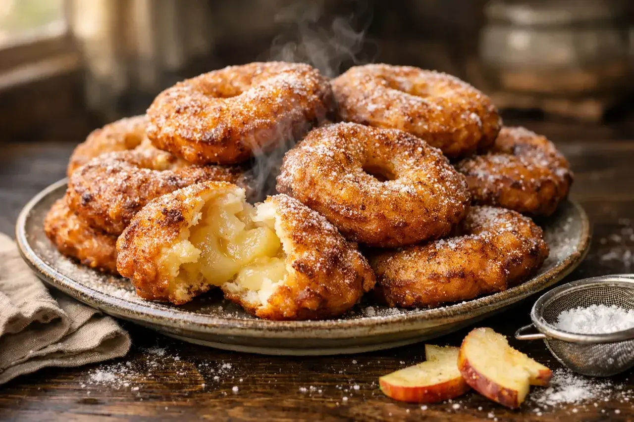 Délicieux beignets aux pommes à lancienne, saupoudrés de sucre glace, avec un cœur fondant.