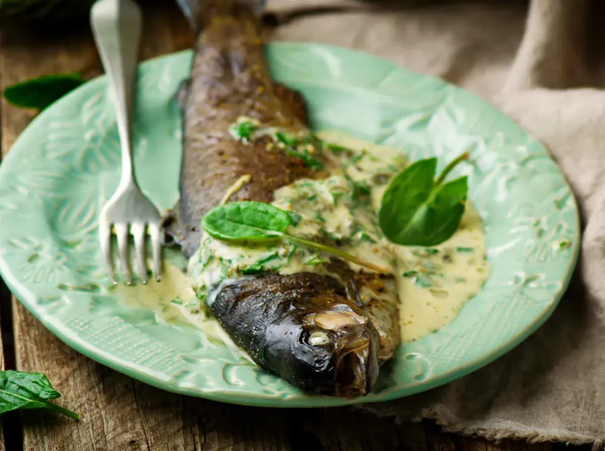 Poisson entier nappé d'une sauce crémeuse à l'oseille, garni de feuilles vertes, sur une assiette menthe.