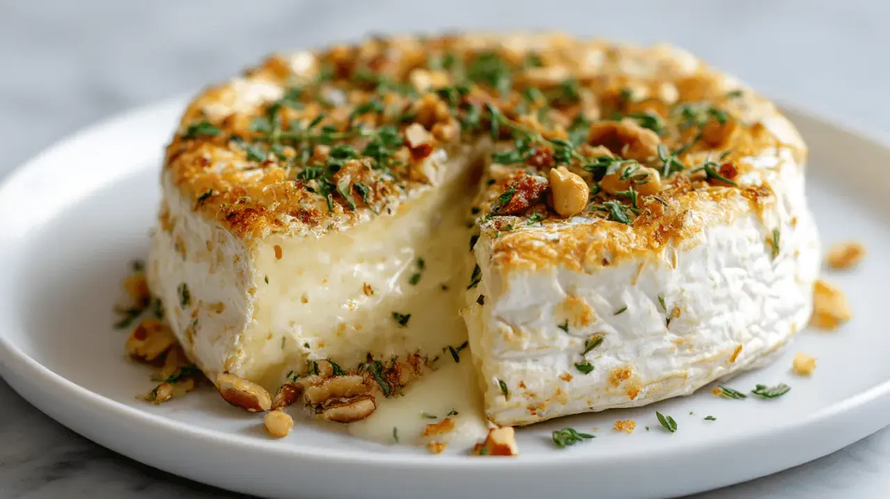 Camembert fondant, doré et garni de noix et persil, tout juste sorti de l'air fryer. Un délice coulant !
