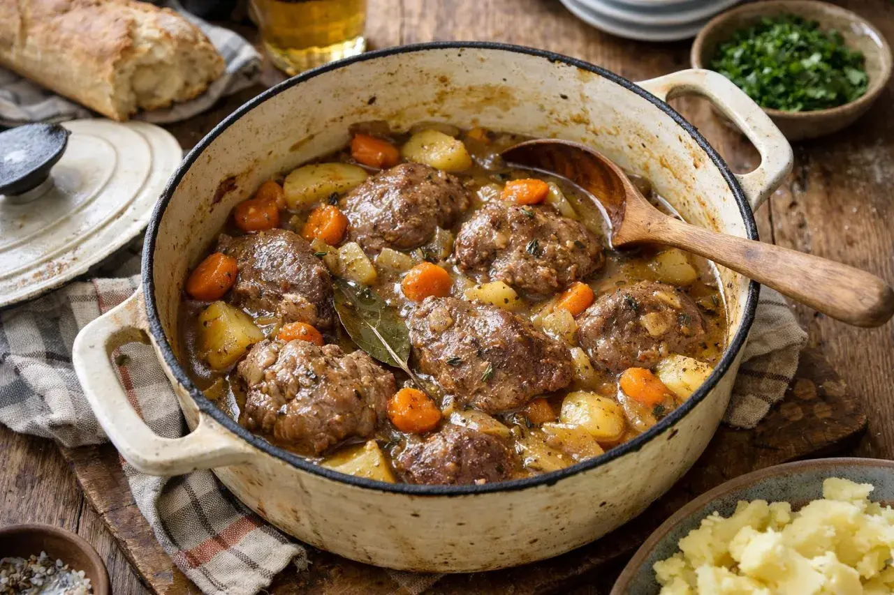 Un plat mijoté de joue de porc au cidre, avec pommes de terre et carottes, servi dans une cocotte en fonte.