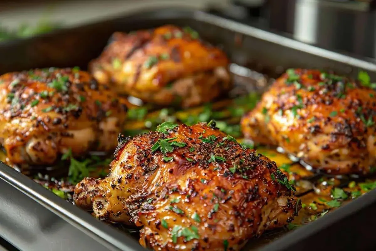 Cuisses de poulet dorées et croustillantes, parsemées de persil frais. Une recette air fryer facile et savoureuse.