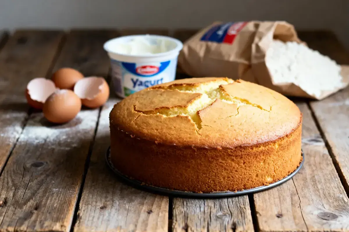 Gâteau doré sur fond de bois, avec des œufs, du yaourt et de la farine. Idéal pour une recette gâteau facile et rapide.
