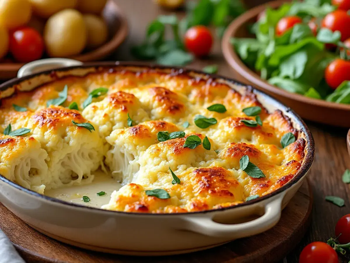 Un gratin de chou-fleur doré et crémeux, garni de feuilles vertes fraîches, prêt à être dégusté.