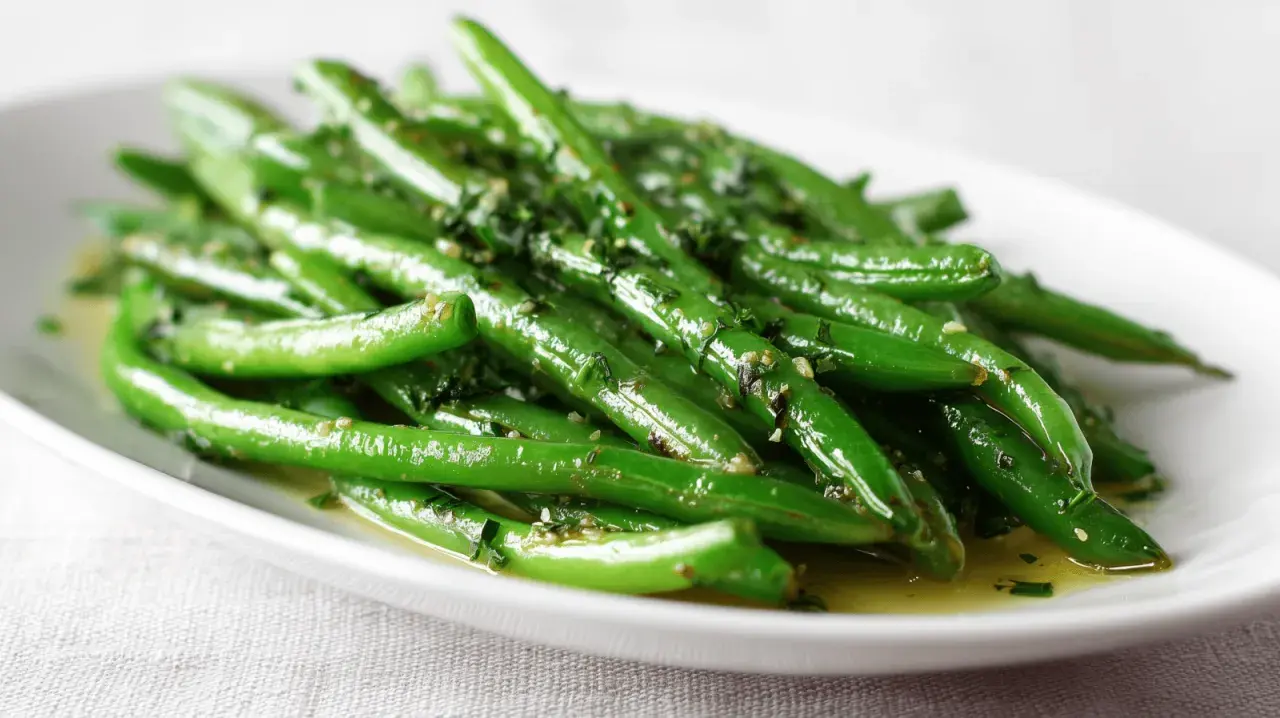 Haricots verts frais, brillants et assaisonnés, parfaits pour une recette haricot vert simple et savoureuse.