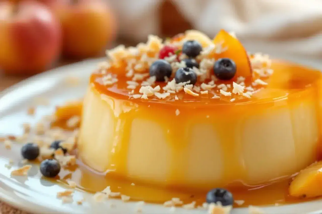 Un délicieux flan coco, nappé de caramel et garni de fruits frais et de copeaux de noix de coco. Une invitation à la gourmandise pour une recette facile.