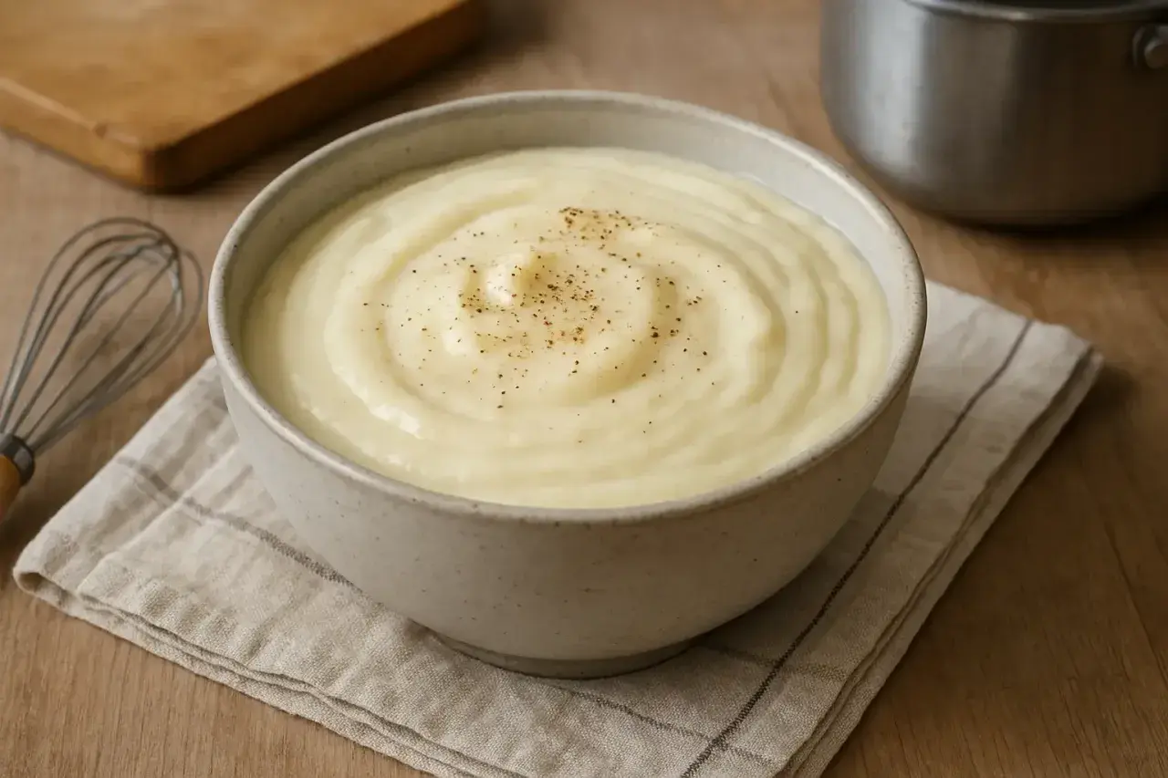Un bol de béchamel sans beurre, onctueuse et saupoudrée de poivre, prête à être utilisée.
