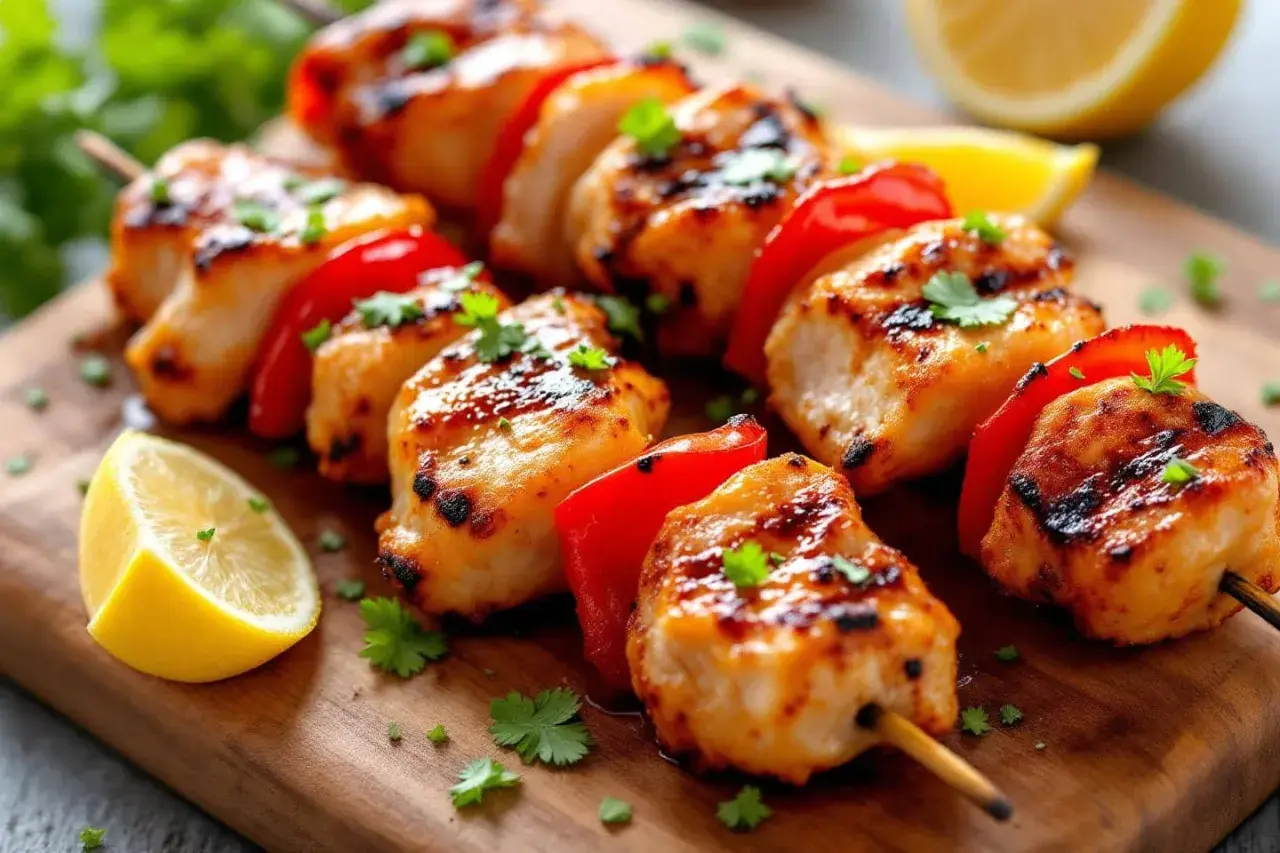 Brochettes de poulet grillées, marinées et garnies de poivrons rouges, sur une planche en bois avec des quartiers de citron.
