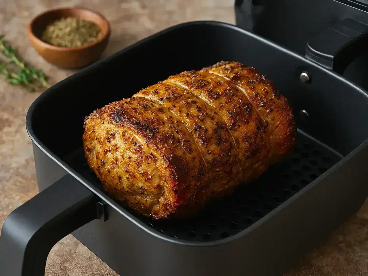 Roti de porc doré et juteux, tout juste sorti de l'air fryer. Assaisonné d'herbes, il est prêt à être dégusté.