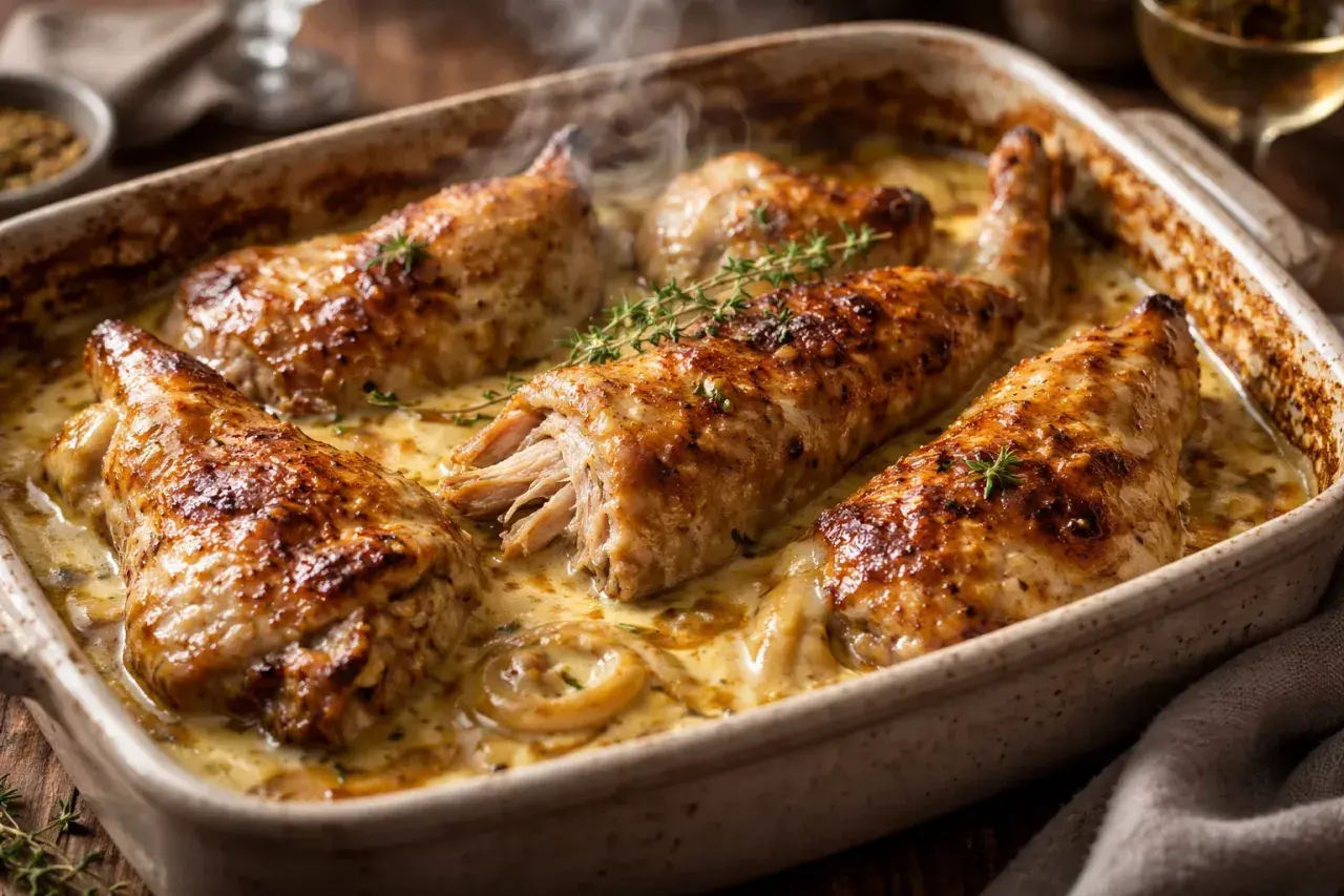 Un plat de lapin au four, doré et fumant, baignant dans une sauce crémeuse. Les herbes fraîches ajoutent une touche de couleur.
