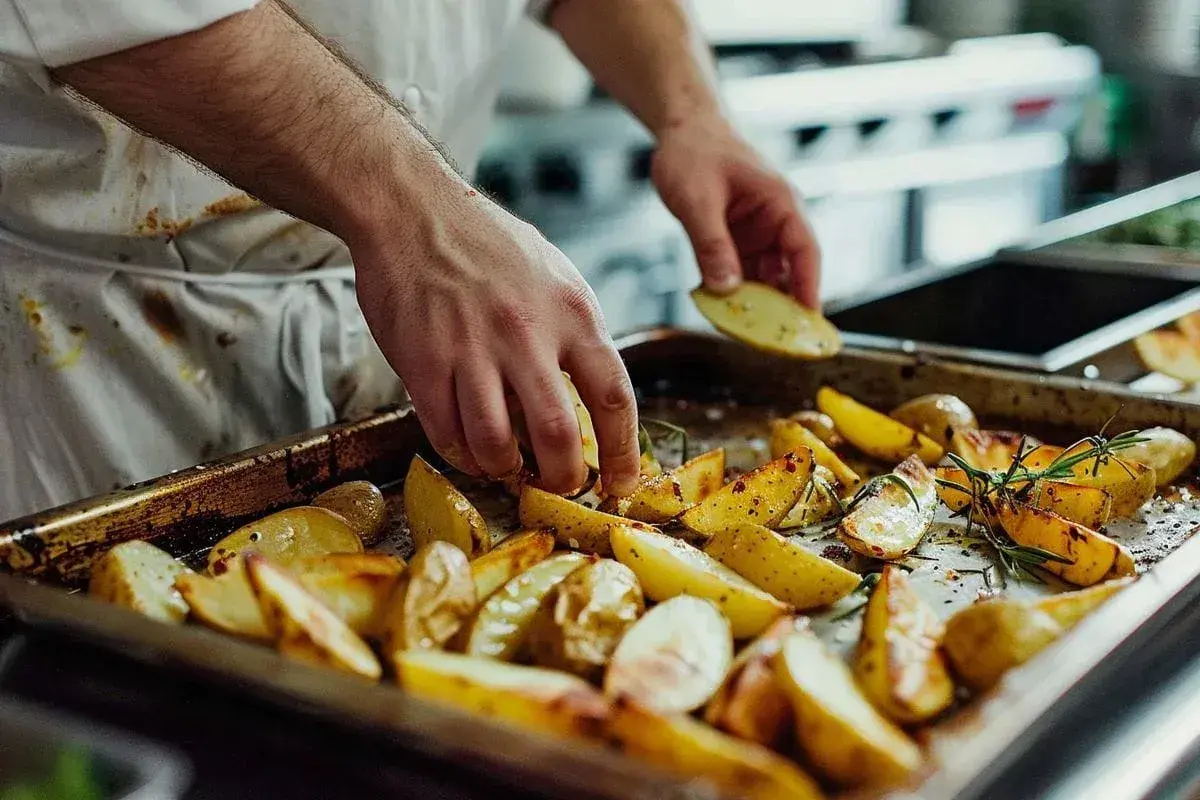 Un chef dispose des quartiers de pomme de terre sauté sur une plaque de cuisson, agrémentés de romarin et d'épices.