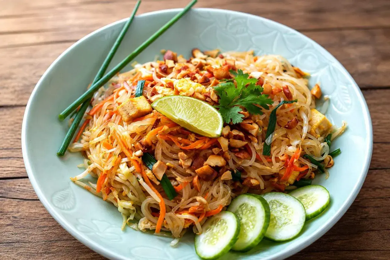 Délicieux Pad Thaï, une recette pleine de saveurs avec nouilles de riz, crevettes, cacahuètes et citron vert.