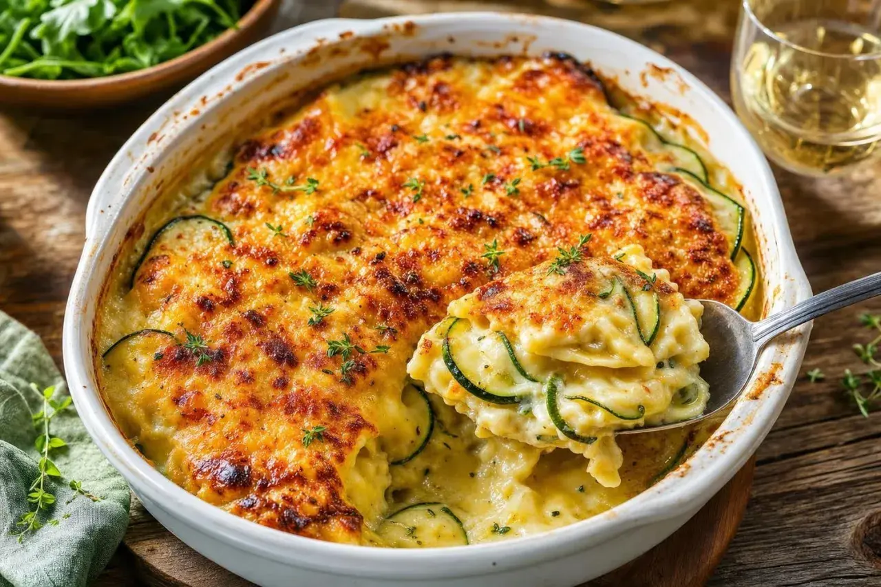 Un gratin de ravioles aux courgettes, doré et gratiné, avec une sauce crémeuse et des herbes fraîches. Un délice réconfortant.