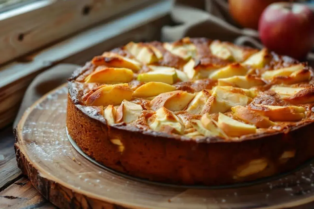 Gâteau yaourt pomme doré, garni de quartiers de pommes caramélisés, saupoudré de sucre glace. Un délice maison.