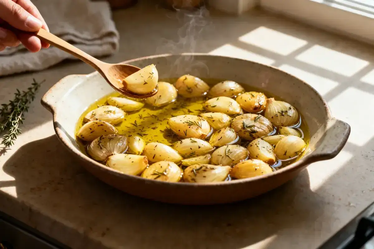 Une cuill&egrave;re en bois pr&eacute;l&egrave;ve un gousse d'ail confit au four, dor&eacute;e et tendre, baignant dans de l'huile d'olive et des herbes aromatiques.