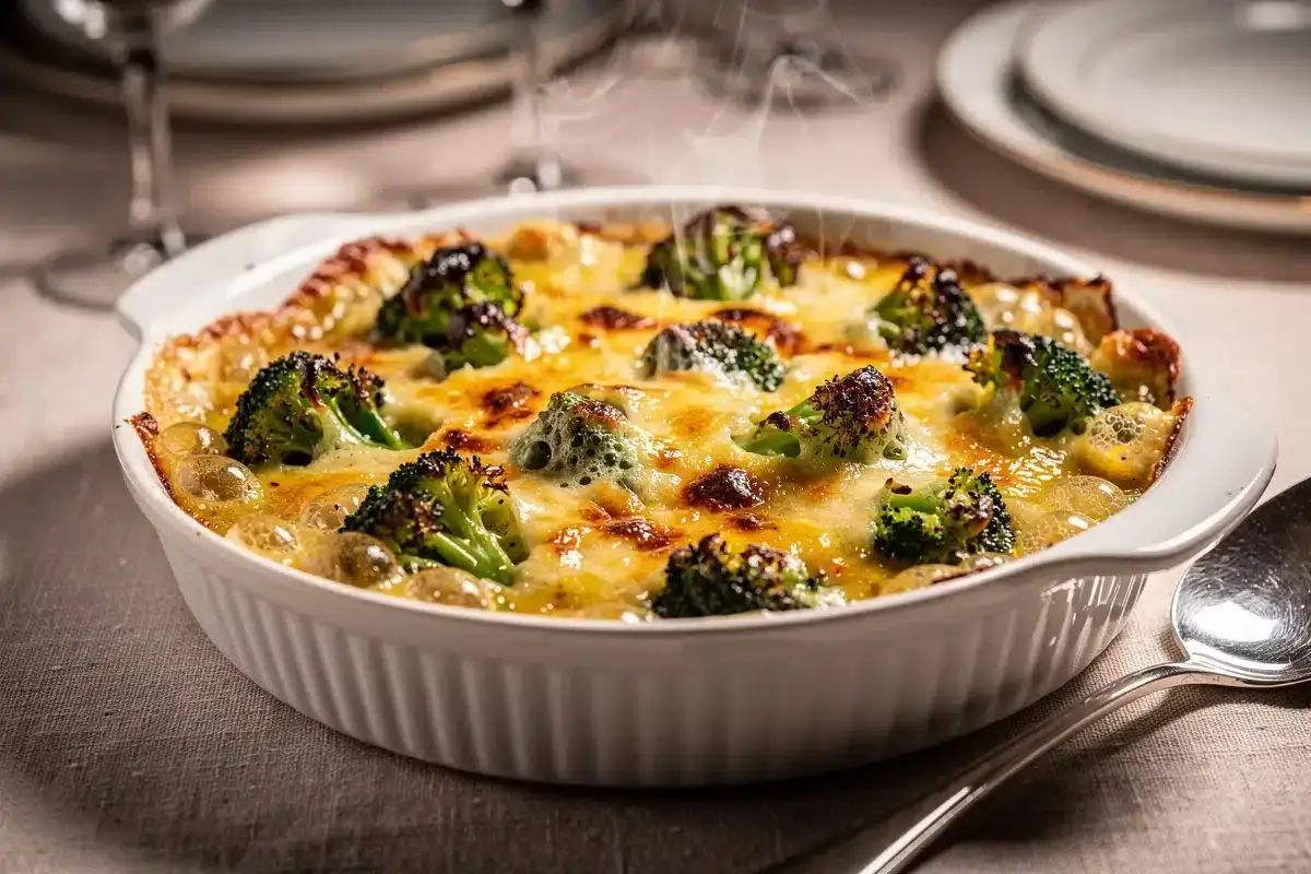 Un d&eacute;licieux gratin de brocolis tout juste sorti du four, fumant et recouvert de fromage fondu dor&eacute;.