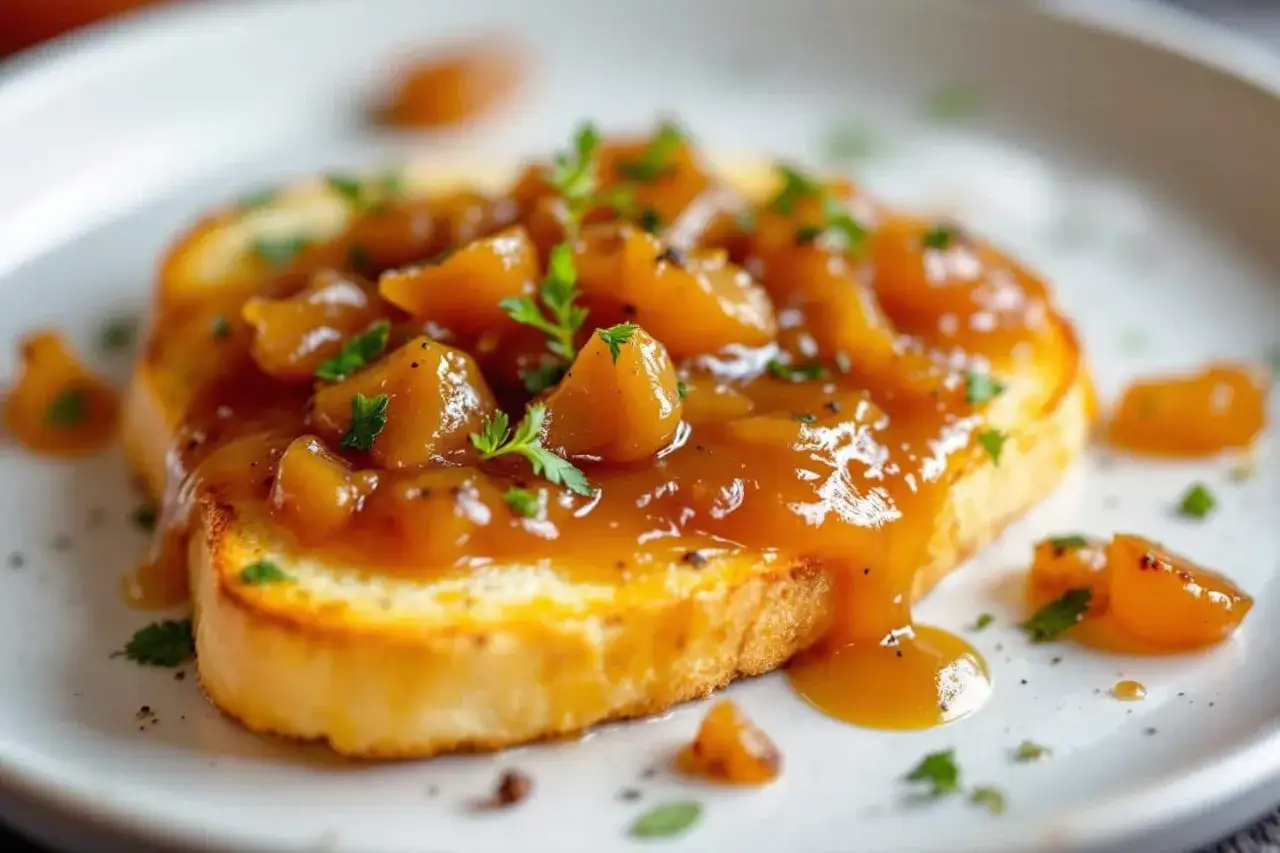 Tranche de pain grill&eacute; garnie d'une compot&eacute;e d'oignons caram&eacute;lis&eacute;e et de persil frais. Une d&eacute;licieuse recette pour accompagner vos plats.