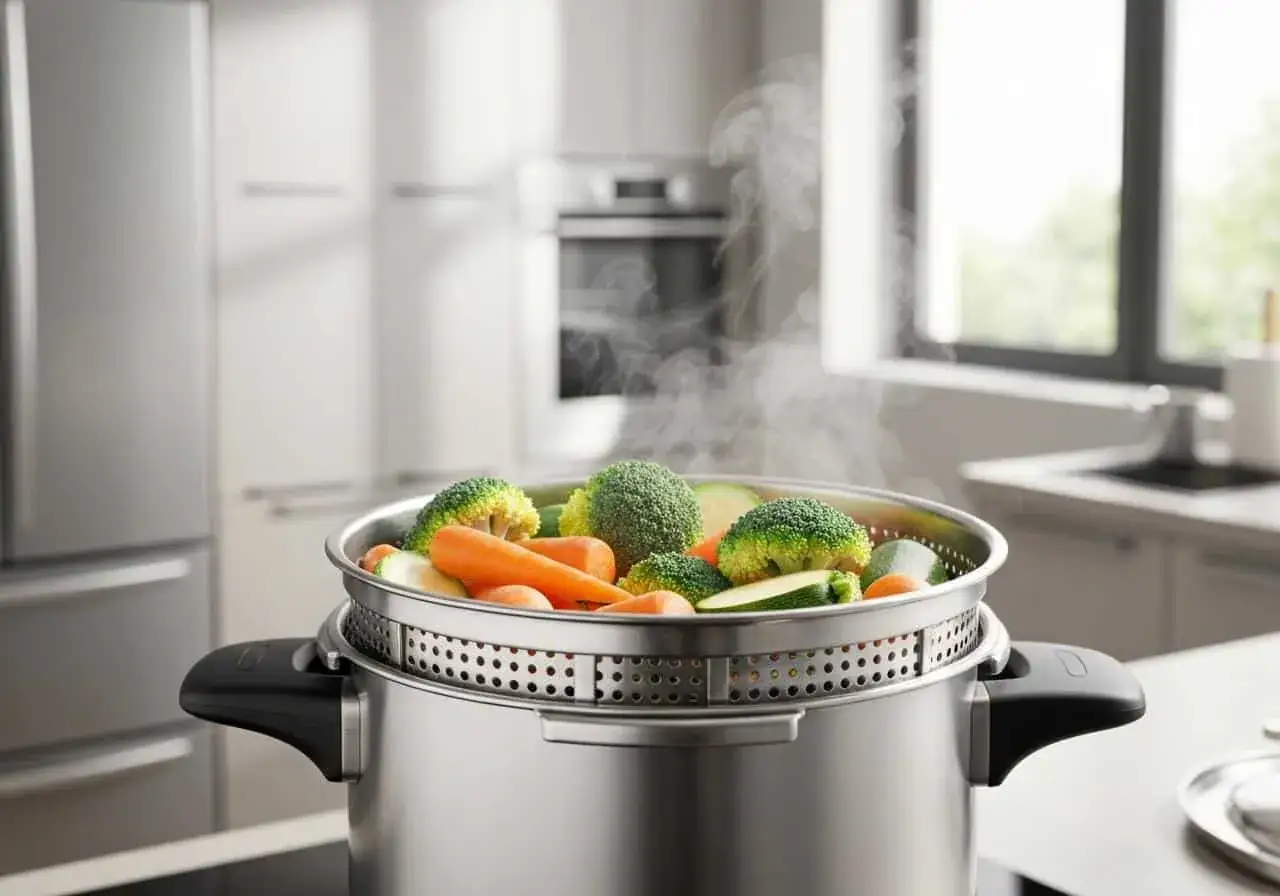 Légumes frais (brocolis, carottes, courgettes) cuisant à la vapeur dans une cocotte minute. La vapeur s'échappe, indiquant le bon temps de cuisson.