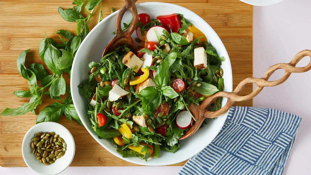 Salade compos&eacute;e &eacute;t&eacute; fra&icirc;che et color&eacute;e avec poulet grill&eacute;, l&eacute;gumes croquants et graines de courge.