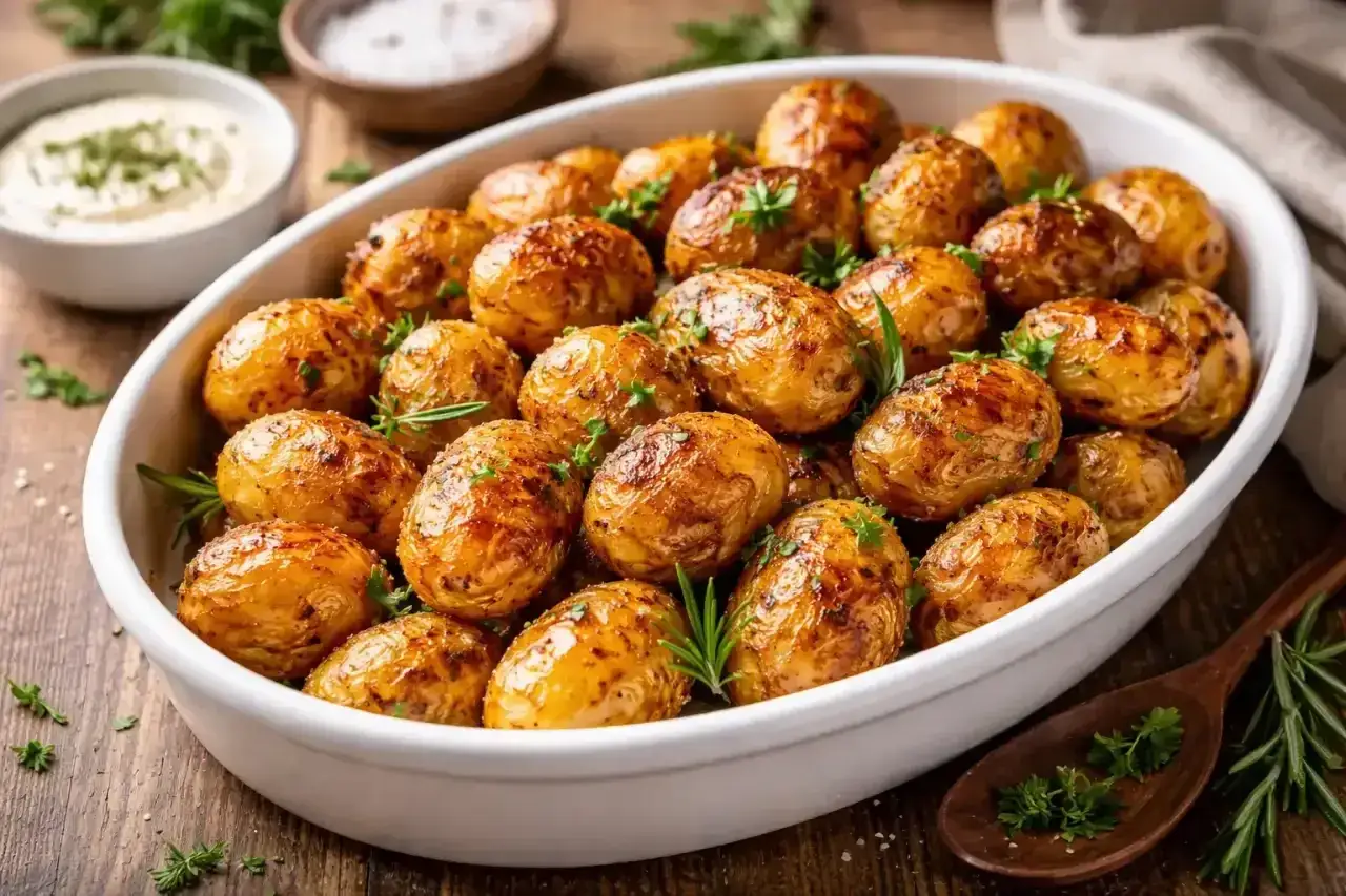 Pommes de terre grenaille dorées et croustillantes, préparées à l'airfryer, garnies de romarin frais. Un délice simple et savoureux.
