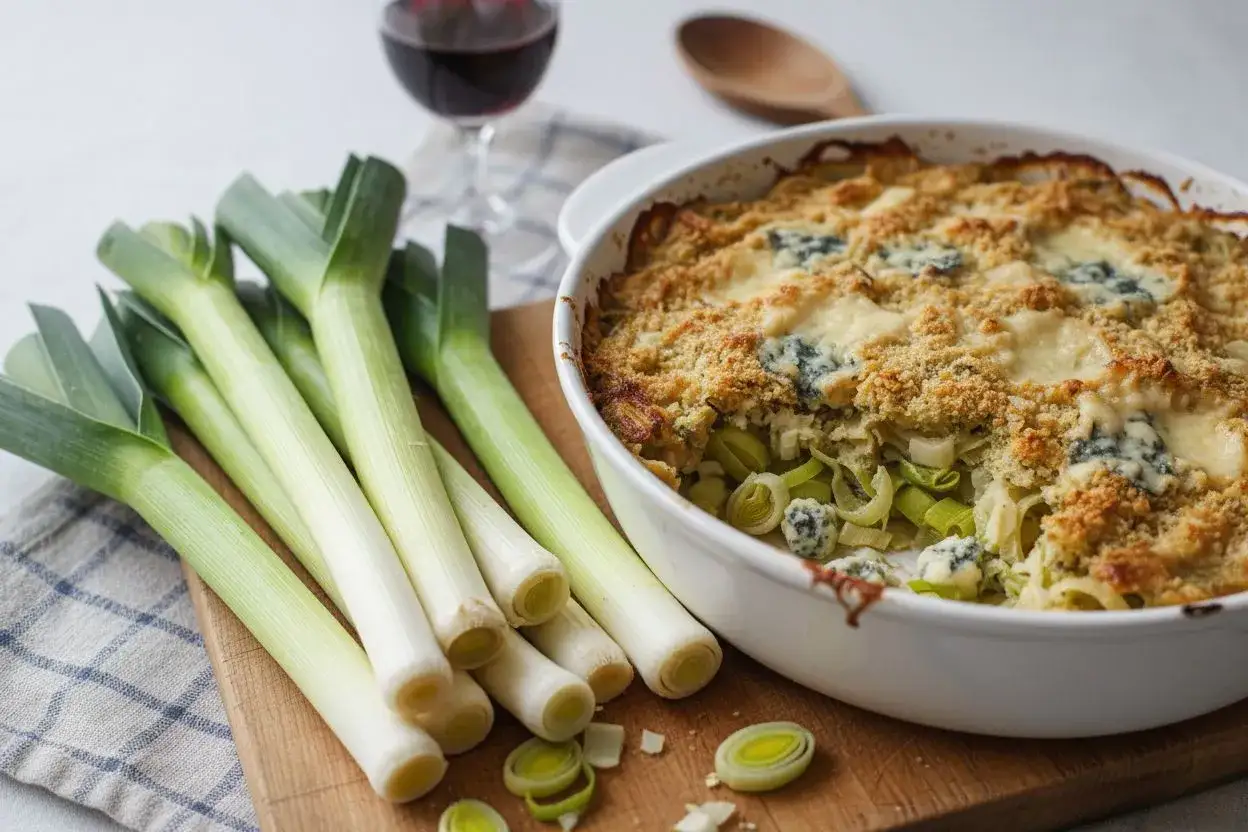 Un délicieux gratin de poireaux, doré et gratiné, servi avec des poireaux frais et un verre de vin rouge.