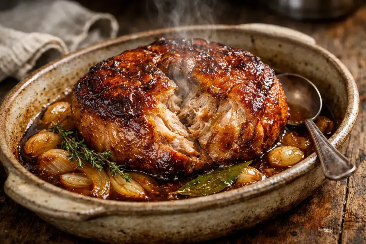 Rouelle de porc r&ocirc;tie, tendre et juteuse, baignant dans une sauce savoureuse avec des oignons caram&eacute;lis&eacute;s et des herbes.