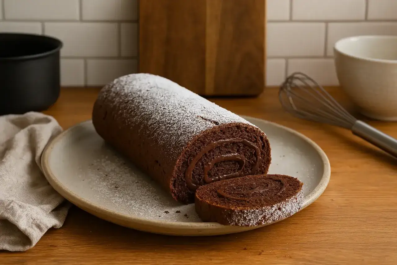 Un délicieux roulé au chocolat saupoudré de sucre glace, prêt à être dégusté.