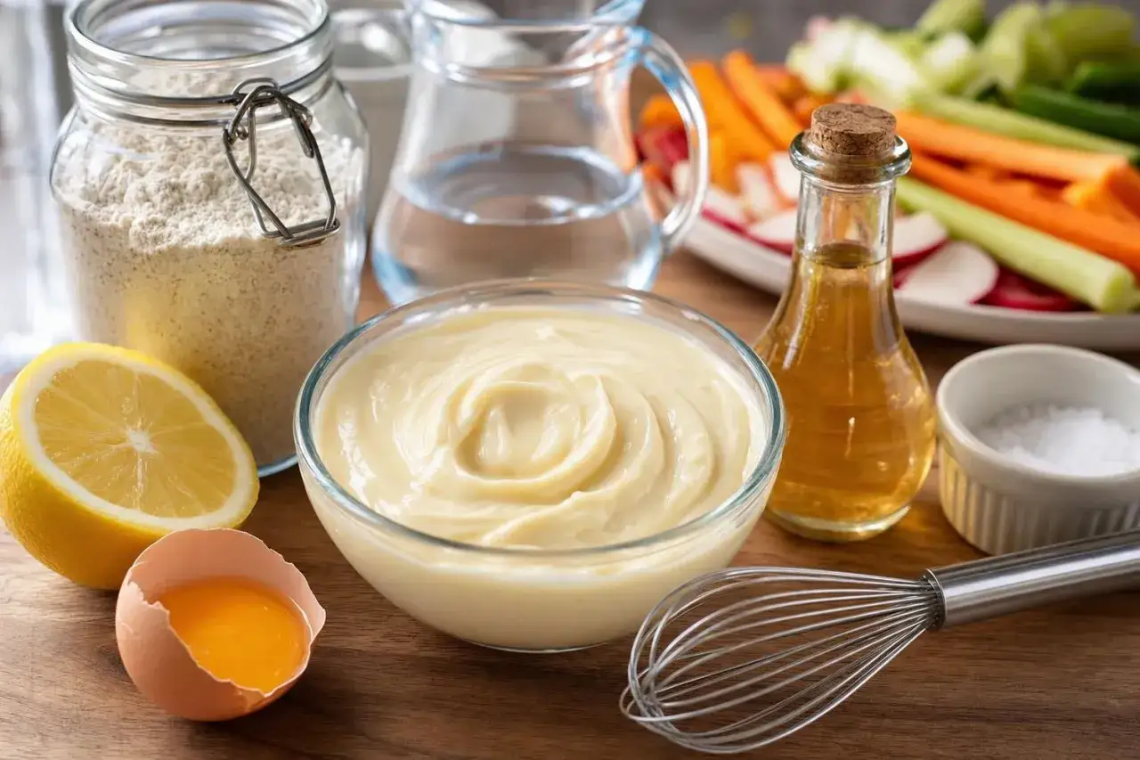 Un bol de mayonnaise maison crémeuse, entouré d'ingrédients frais : citron, œuf, huile, sel, et légumes croquants.