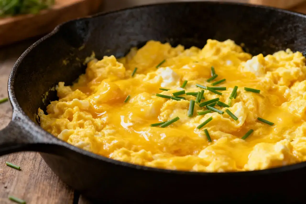 Œufs brouillés crémeux dans une poêle en fonte, garnis de ciboulette fraîche. Une recette simple et délicieuse pour le petit-déjeuner.