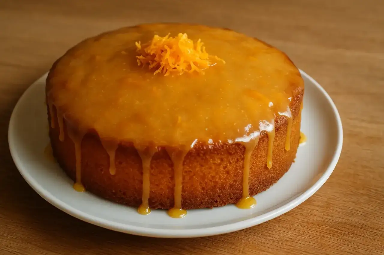 G&acirc;teau &agrave; l'orange, un d&eacute;lice moelleux napp&eacute; d'un gla&ccedil;age brillant et garni de zestes d'orange.
