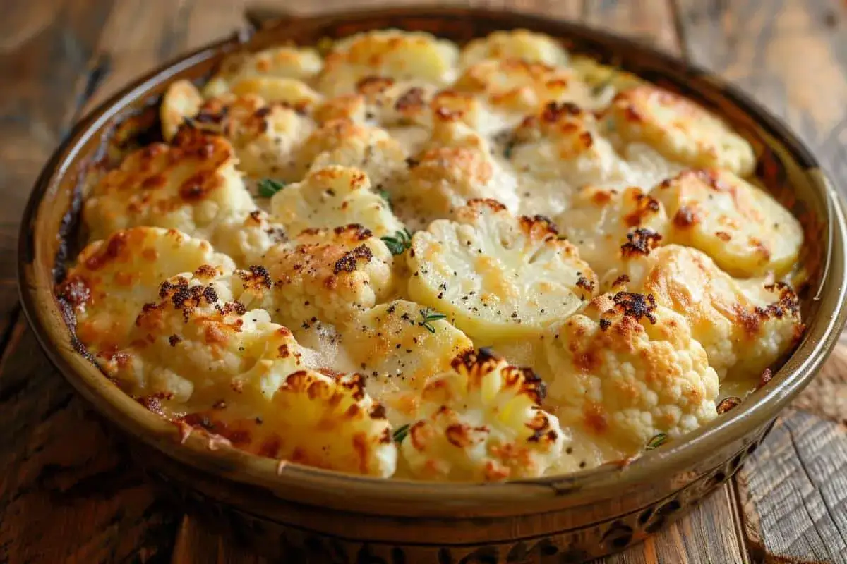 Un d&eacute;licieux gratin chou fleur pomme de terre, dor&eacute; et cr&eacute;meux, pr&ecirc;t &agrave; &ecirc;tre d&eacute;gust&eacute;.