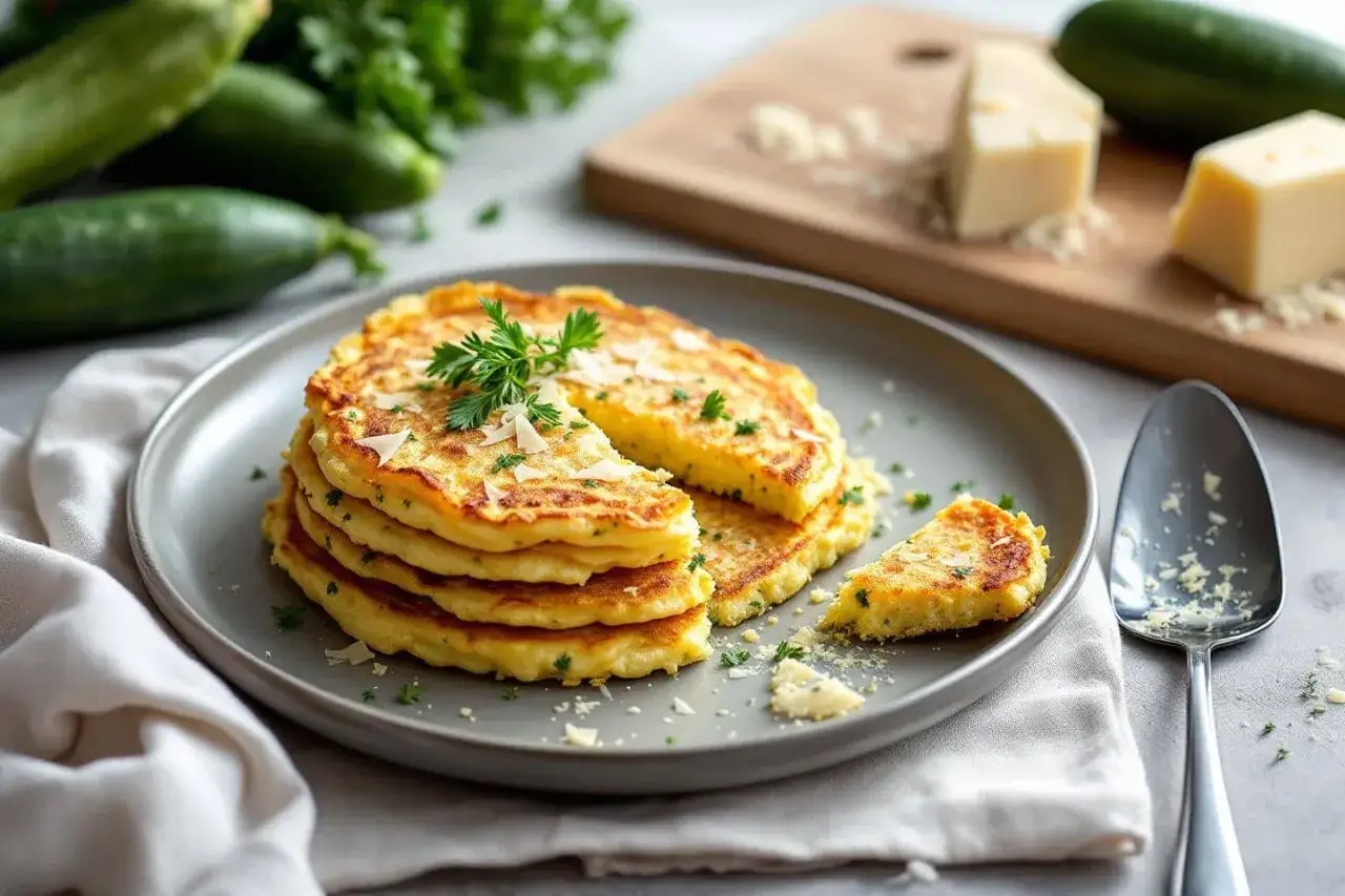 Pile de galettes de courgette dorées, garnies de persil frais et de copeaux de parmesan. Des courgettes et du fromage sont visibles en arrière-plan.