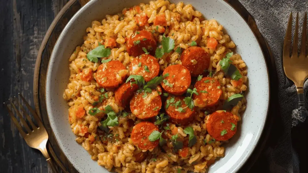 Un d&eacute;licieux risotto chorizo, pr&eacute;par&eacute; au Thermomix, garni de persil frais.