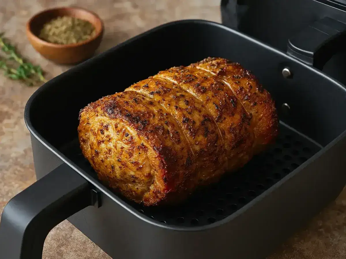 Un délicieux roti de porc, doré et savoureux, cuit à la perfection dans un air fryer. Un plat simple et rapide à préparer.