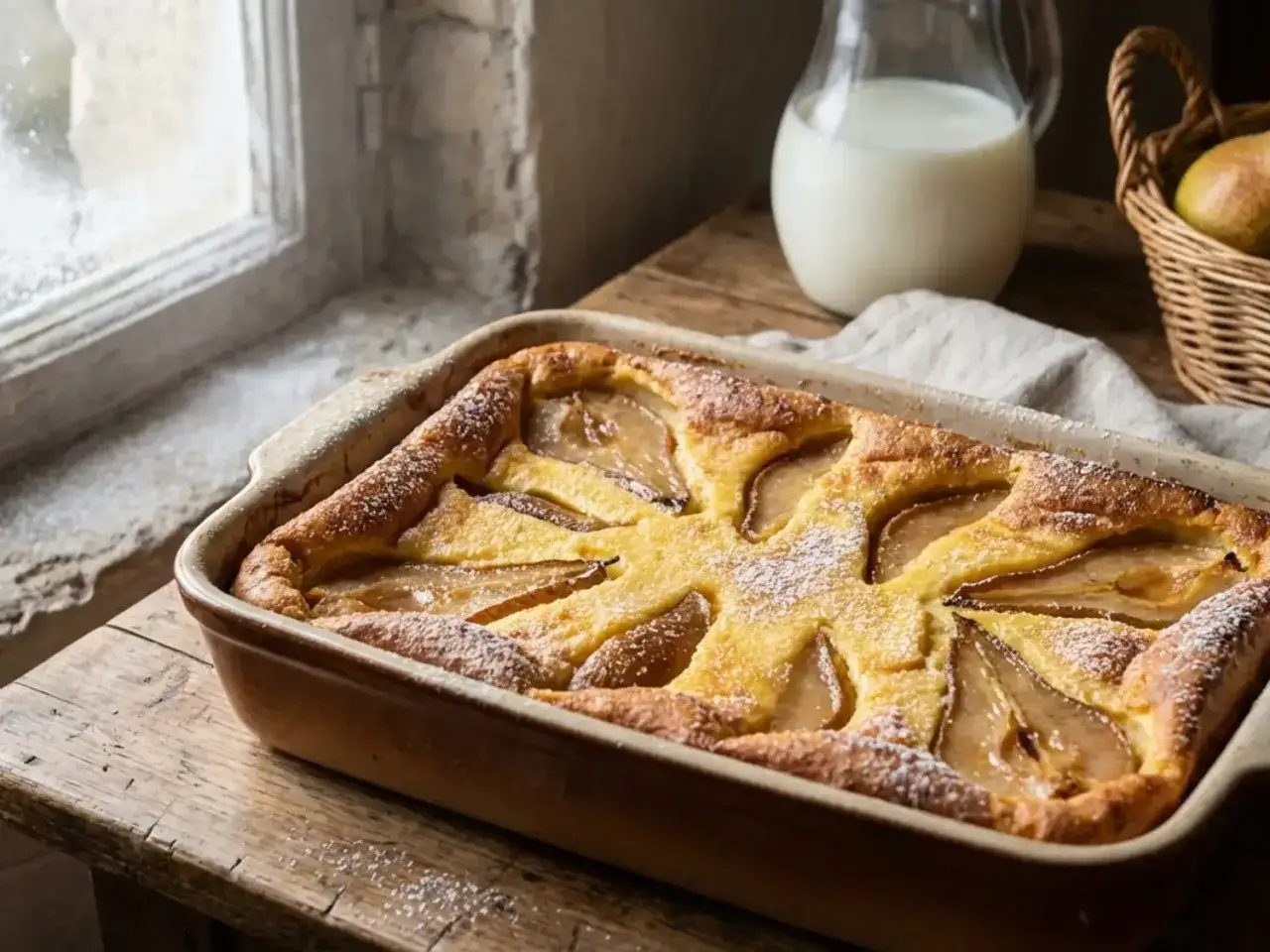Un déliceux flognarde aux poires, doré et saupoudré de sucre glace, sortant du four. Une gourmandise réconfortante.