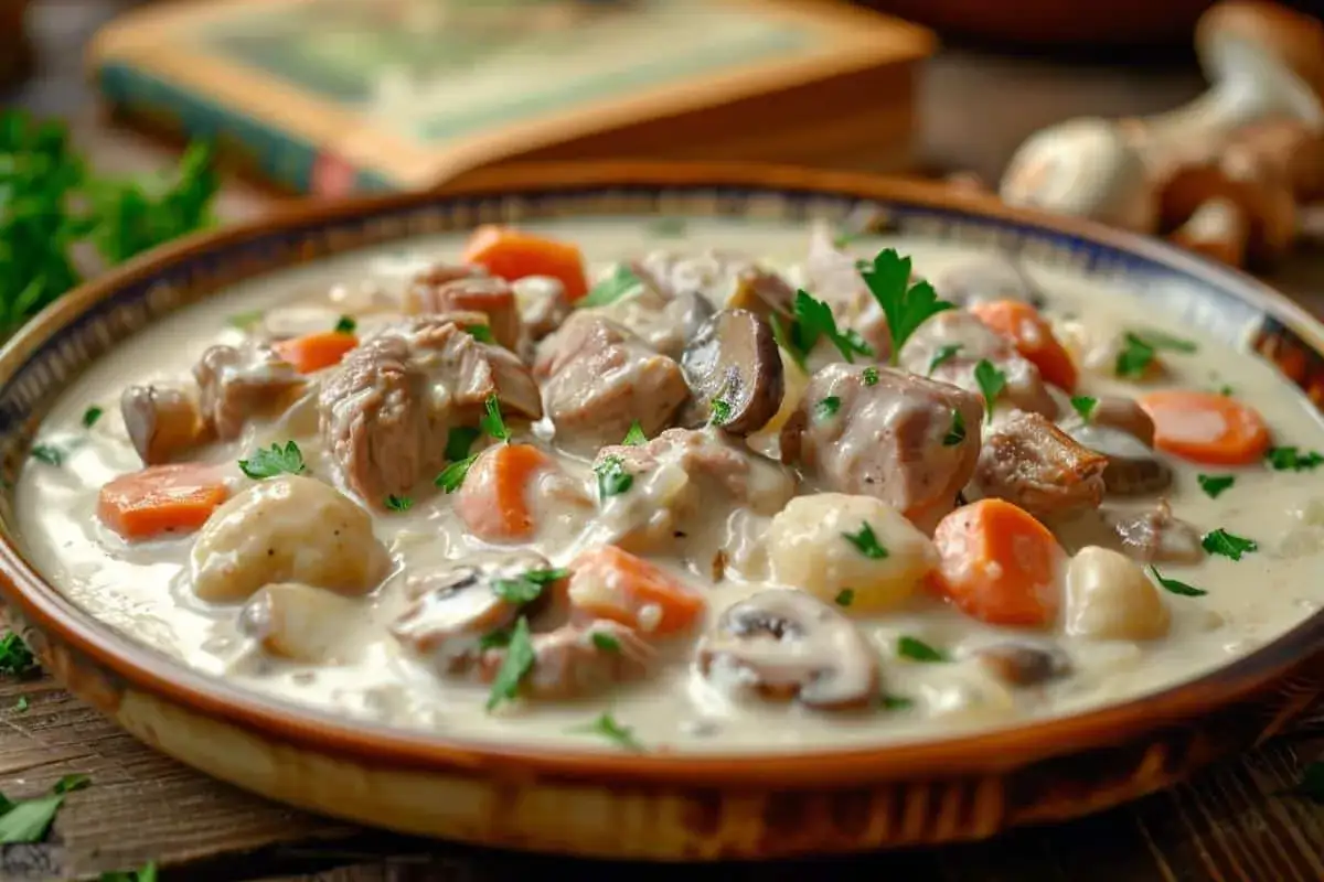 Blanquette de veau onctueuse, parsem&eacute;e de carottes, champignons et persil. Un plat r&eacute;confortant pr&eacute;par&eacute; au Cookeo.