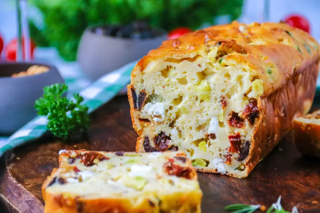 Un cake salé aux tomates séchées et feta, parfait pour une recette facile et savoureuse.