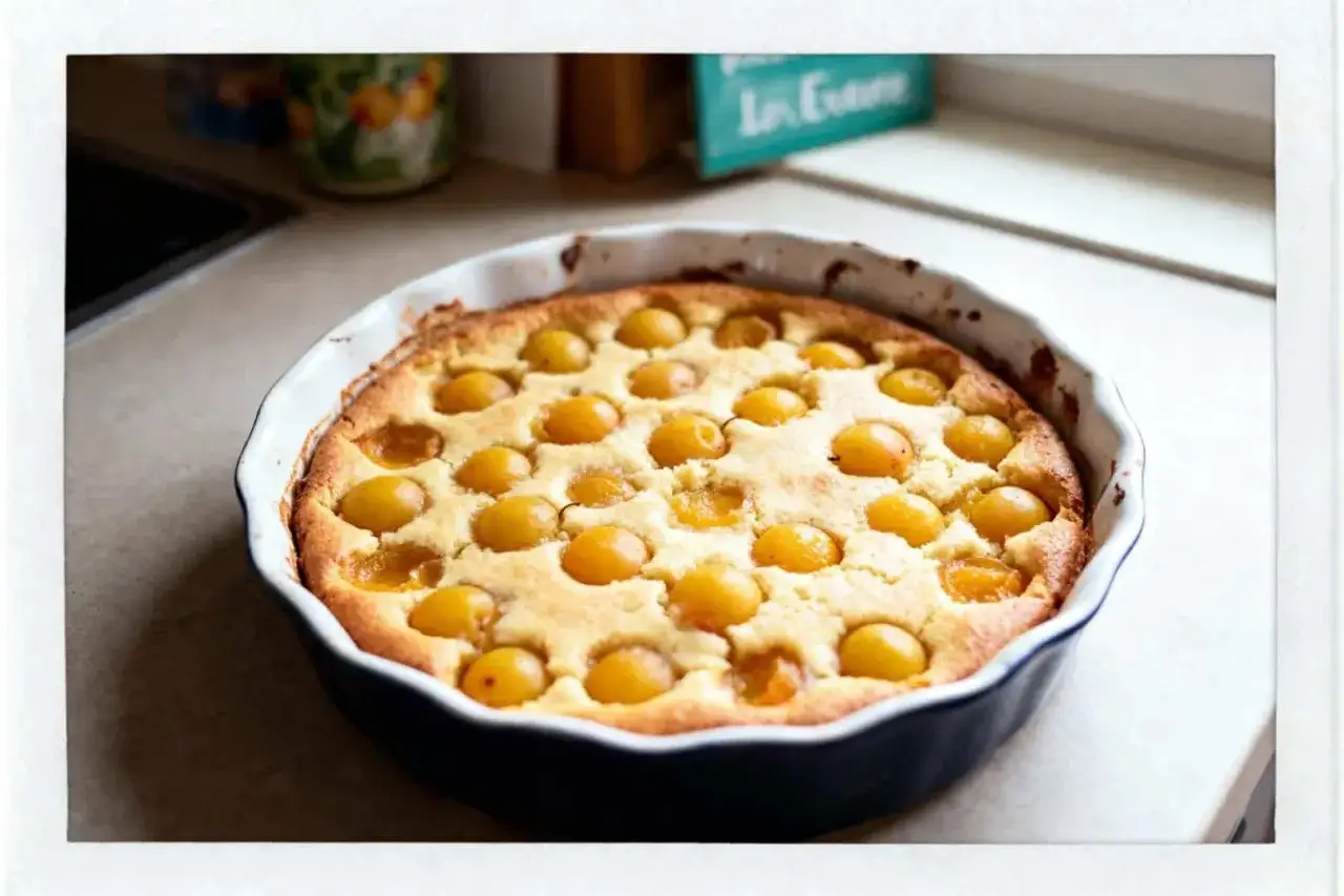 Un délicieux clafoutis aux mirabelles, tout juste sorti du four, dans un plat en céramique.
