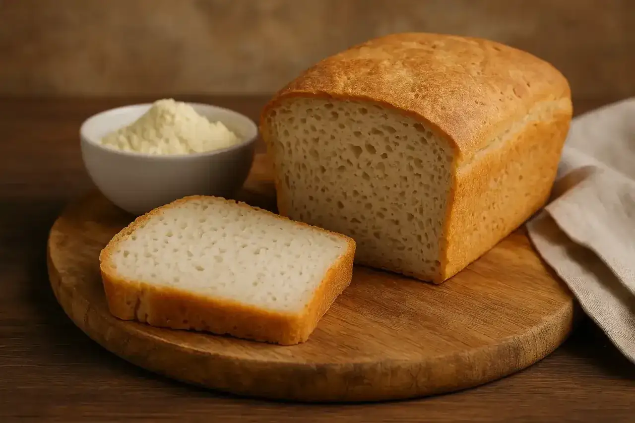 Un pain sans gluten moelleux, une tranche coup&eacute;e et une coupelle de farine sur une planche en bois.