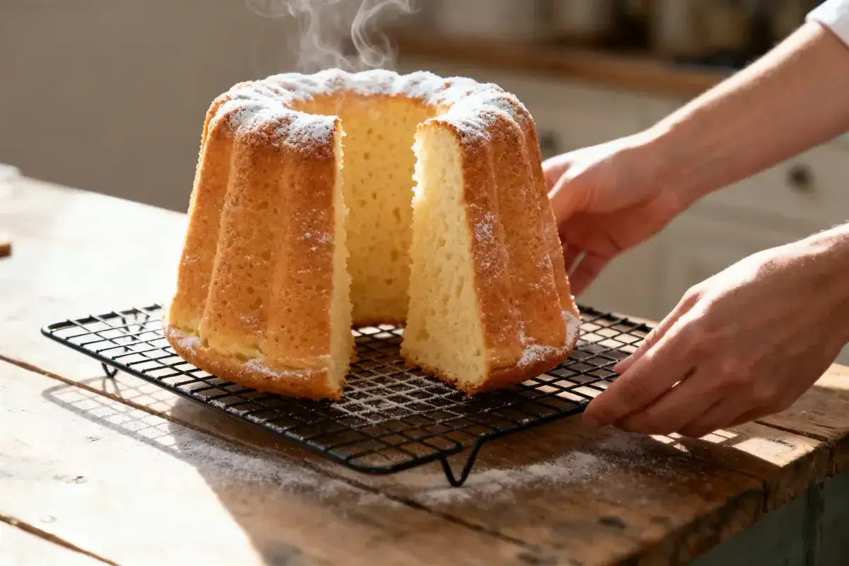 Un gâteau moelleux tout juste sorti du four, saupoudré de sucre glace. La vapeur s'en échappe, promettant une délicieuse recette.