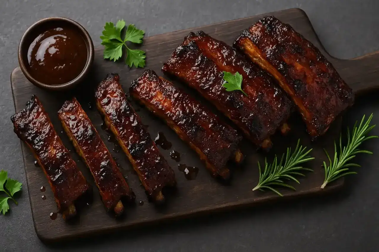 Délicieux travers de porc marinés, brillants de sauce barbecue, servis sur une planche en bois avec de la sauce et des herbes fraîches.