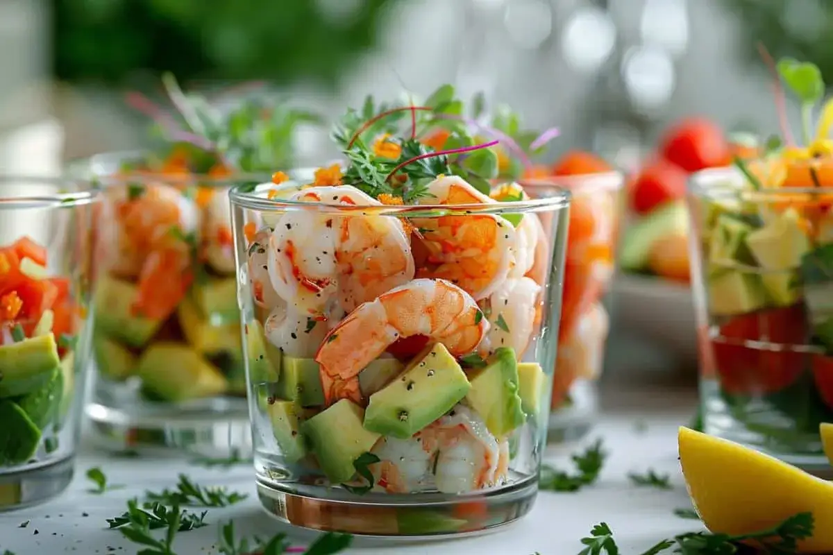 Verrines avocat crevette, un délice frais et coloré. Des crevettes juteuses et des dés d'avocat crémeux, parfaits pour un apéritif léger.
