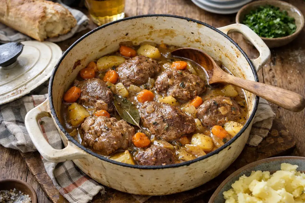 Joue de porc au cidre mijotée avec pommes de terre et carottes dans une cocotte en fonte, prête à être servie.