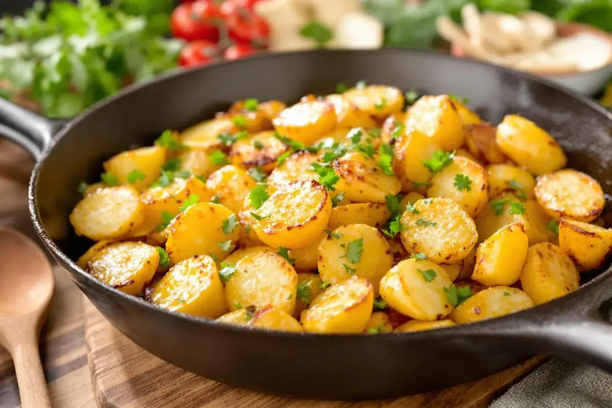 Po&ecirc;l&eacute;e de pomme de terre saut&eacute;, dor&eacute;e et garnie de persil frais, servie dans une po&ecirc;le en fonte.